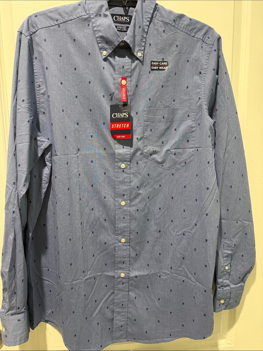 Chaps Light Blue Stretch Button-Down Shirt with Navy Microdots